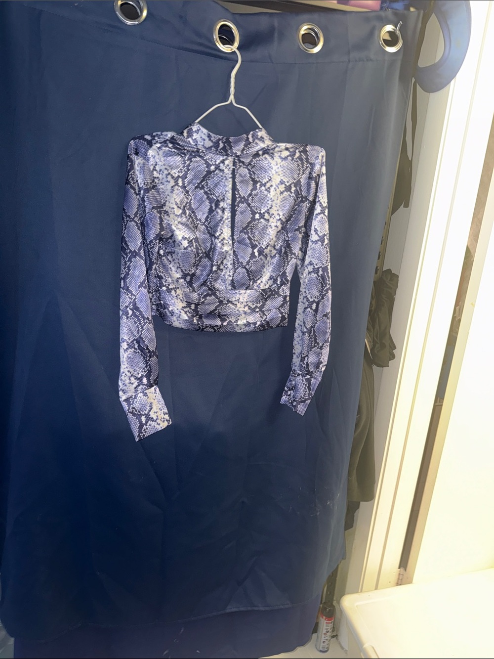 Topshop Blue Snake-Print Long Sleeve Crop Top